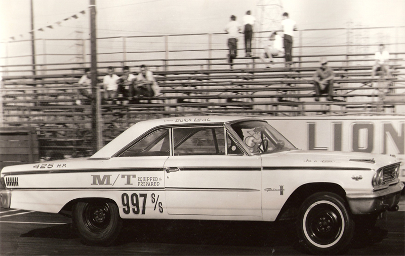 1963 Ford Galaxie drag car with "M/T EQUIPPED & PREPARED 997 S/S" on the side