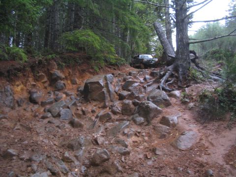 1989 Ford Bronco - Vehicle driving on a challenging, rocky, and muddy path in a wooded area.