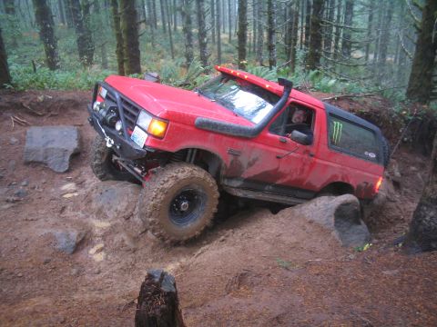 1989 Ford Bronco - This red SUV is navigating a challenging off-road course through a dense forest, demonstrating its capabilities.