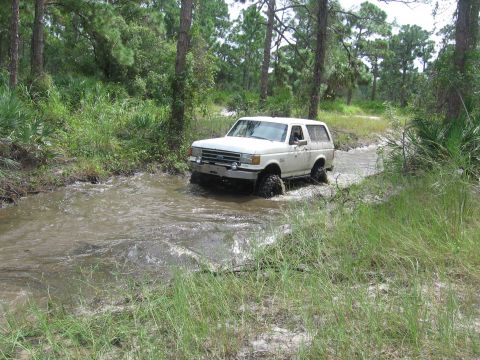 1989 Ford Bronco - White 1989 Ford Bronco navigates a water obstacle in a natural setting.
