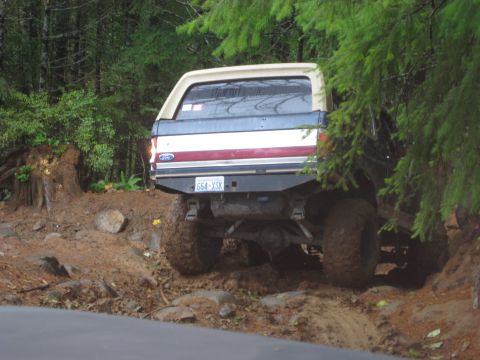 1979 Ford Bronco - 1979 Ford Bronco navigating a challenging muddy off-road path surrounded by dense forest.