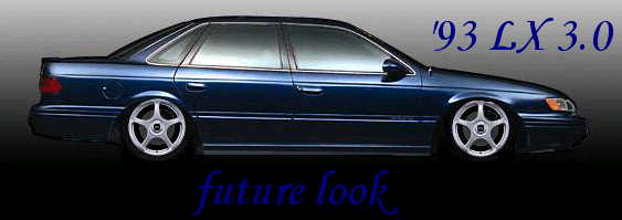 Dark blue sedan in side profile, lowered on chrome five-spoke wheels, with '93 LX 3.0 text overlay.