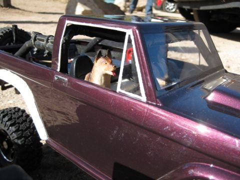 1988 Ford Bronco - A toy truck, possibly a Ford Bronco, is seen with a dog figurine behind the wheel.