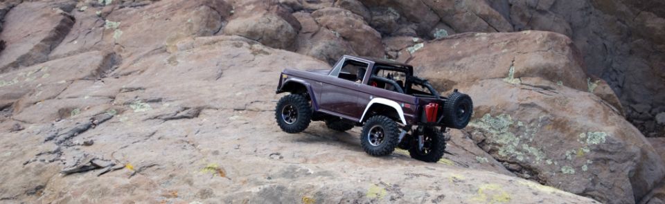 Purple 1988 Ford Bronco RC climbing rocky terrain