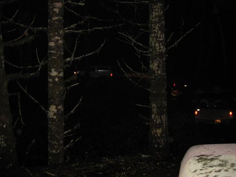 1979 Ford Bronco - Two SUVs navigate a dimly lit, tree-lined road after dark.