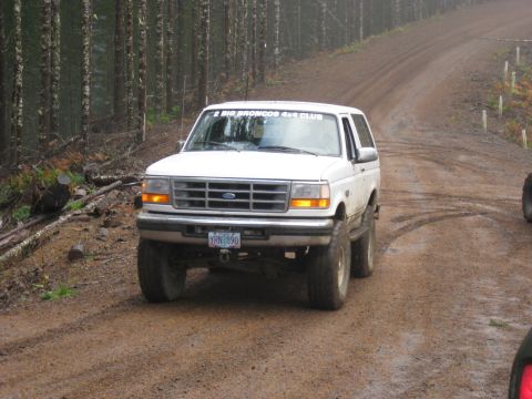 1979 Ford Bronco - A white Ford Bronco navigates a muddy, wooded road, with another vehicle partially visible on the right.