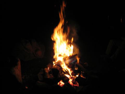 1979 Ford Bronco - A campfire burns brightly in the dark, with logs stacked for fuel.