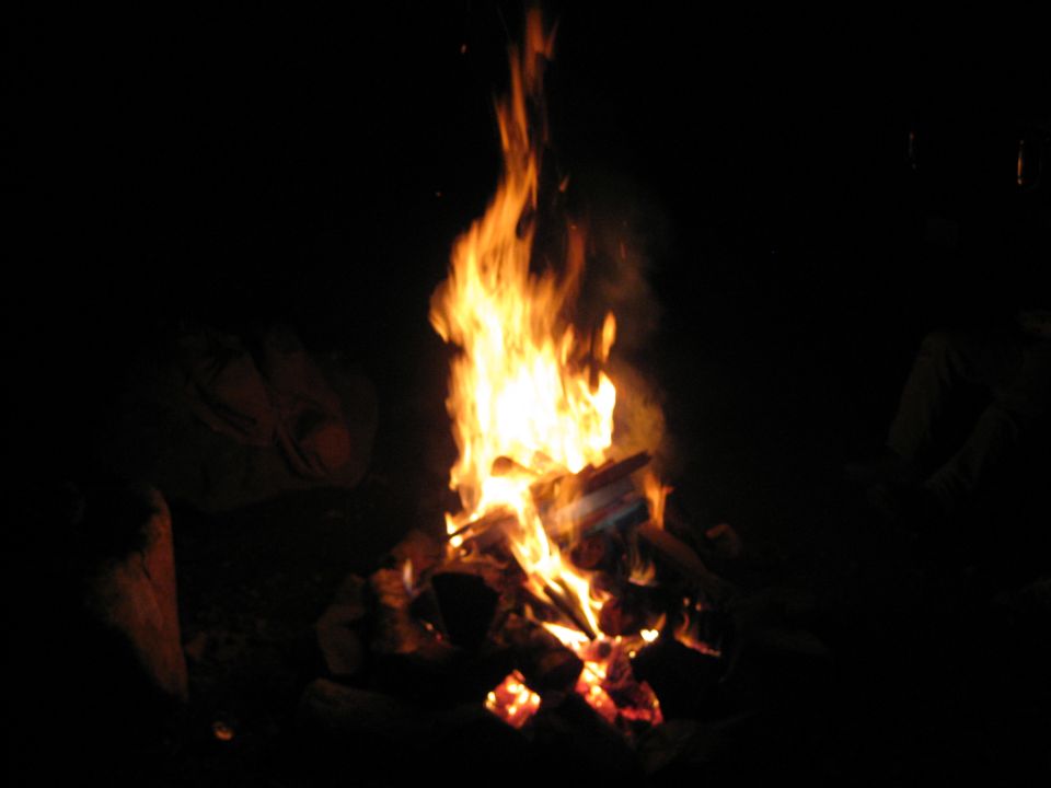 Campfire burning at night with logs and flames