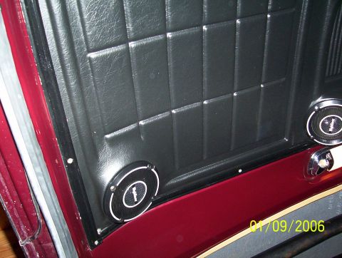 1979 Ford Bronco - Close-up of a vehicle's interior door panel, showing quilted black material and speaker grilles.