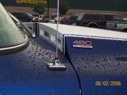 1978 Ford Bronco - Close-up of a vehicle's hood scoop with a 460 High Performance badge.