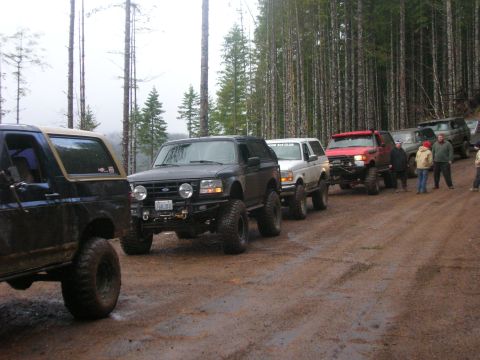 1996 Ford Bronco - A line of modified Ford Broncos parked on a dirt road in a forest during Winterfest 2008.