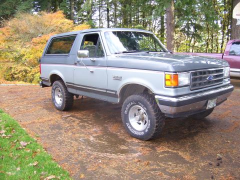 1991 Ford Bronco - This 1991 Ford Bronco is parked on a dirt driveway, with autumn foliage visible behind it.