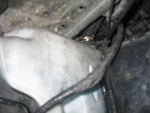 1996 Ford Thunderbird - Close-up view of the windshield washer fluid reservoir and associated hoses within the engine bay.