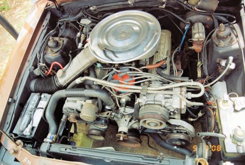 1980 Ford Mustang - The engine bay of a 1980 Ford Mustang, a Cobra air cleaner and V8 engine components.