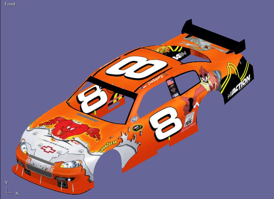 Orange NASCAR stock car with Tazmanian Devil graphics and number 8