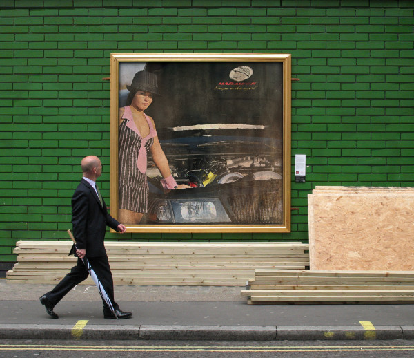 Painting of a woman in a hat and dress leaning over a car engine
