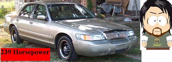 Gold 2000 Mercury Grand Marquis, 3/4 front view. Red banner reads '239 Horsepower'