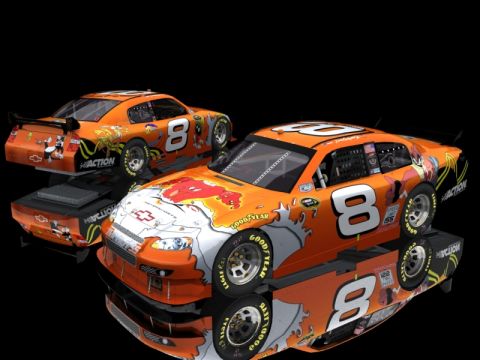 2004 Jeep Wrangler - Two orange NASCAR race cars, each displaying the number 8 and cartoon graphics, are shown on a reflective black surface.