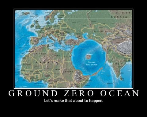 1956 Ford Bronco II - A map humorously depicts a hypothetical 'Ground Zero Ocean' covering parts of the Middle East and India.