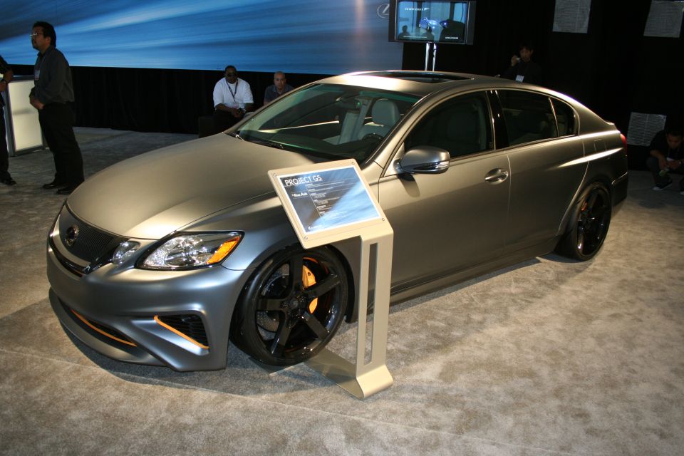 Gray Lexus Project GS concept car on display with a sign in front