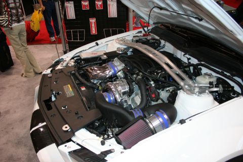 1998 Ford Crown Victoria - Engine bay of a white car with a supercharger and custom intake, a Shelby strut bar.
