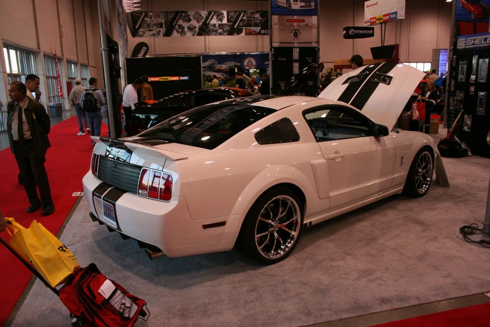 White Ford Mustang with black racing stripes, hood open