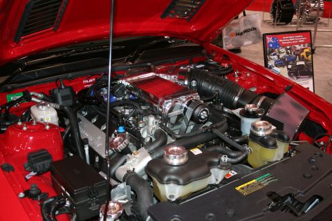 1998 Ford Crown Victoria - The engine bay of a red car is shown with a prominent supercharger and various engine parts. Text on a black box reads 'MUST'.