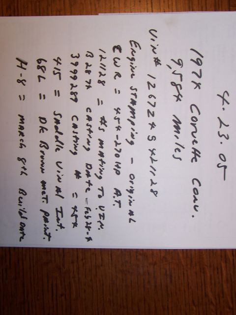 1991 Ford LTD Crown Victoria - Handwritten data sheet recording a 1974 Corvette's VIN, engine stamping, casting numbers, trim and paint codes.