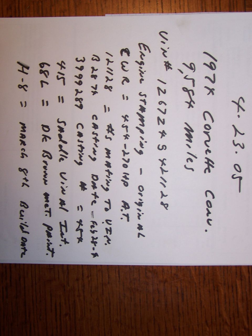 Handwritten note listing 1974 Corvette VIN, engine, casting, paint and build-date codes