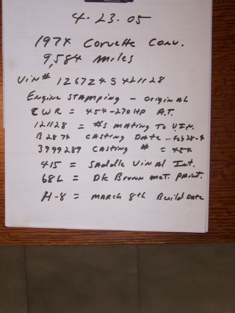 1991 Ford LTD Crown Victoria - Handwritten data sheet recording a 1974 Corvette's VIN, engine, casting date, paint and build-date codes.