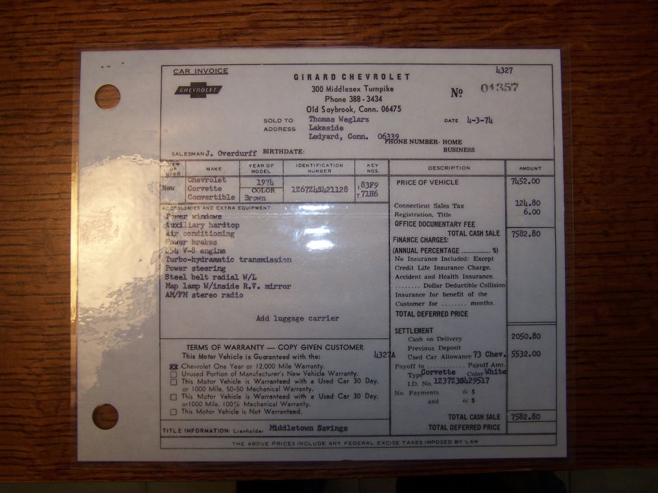 Girard Chevrolet dealer car invoice for a 1974 Corvette