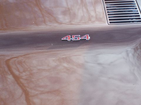 1991 Ford LTD Crown Victoria - A close-up of a red 454 emblem on the hood of a brown vehicle, with a vent in the upper right corner.