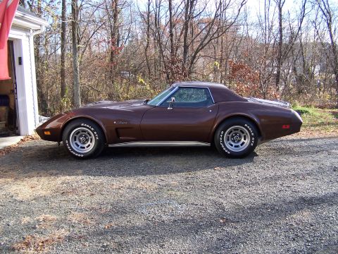 1991 Ford LTD Crown Victoria - A brown 1975 Chevrolet Corvette is parked outside a garage. The tires are Goodyear Eagle GT.