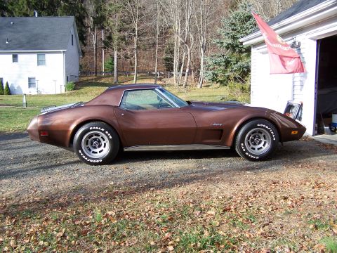 1991 Ford LTD Crown Victoria - Side view of a brown 1975 Chevrolet Corvette with Goodyear Eagle GT tires.