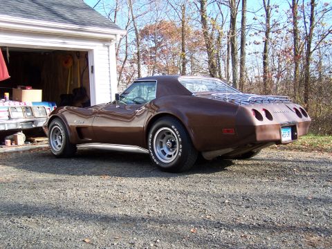 1991 Ford LTD Crown Victoria - Brown 1975 Chevrolet Corvette with luggage rack parked outside a garage.