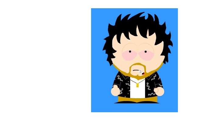 Cartoon character with black hair, beard, and cigarette, on blue background