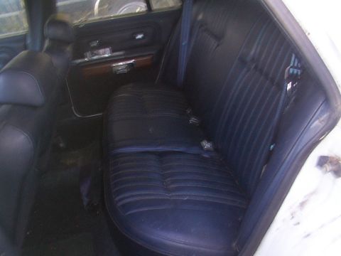 1991 Ford LTD Crown Victoria - The interior of a car shows the back seat and door panel with dark blue upholstery and seatbelts.