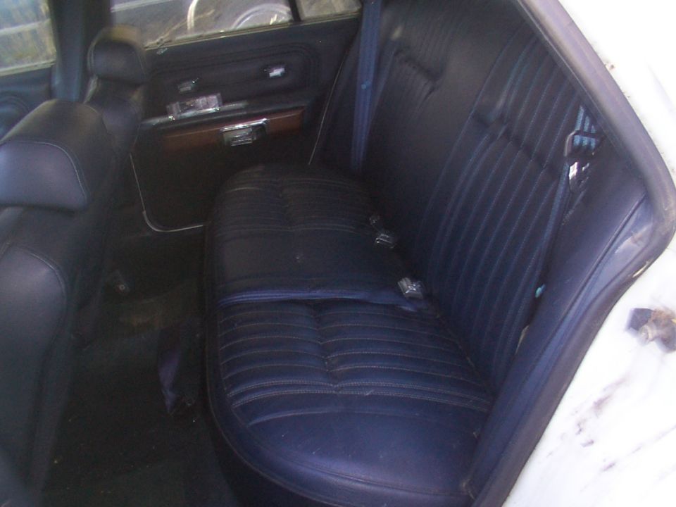 Back seat and door panel of a car. Dark blue seats with seatbelts