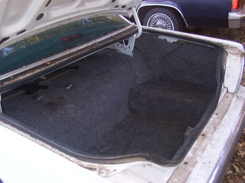 1991 Ford LTD Crown Victoria - The trunk of a white car is open, revealing its dark carpeted interior. Another vehicle is parked behind it.
