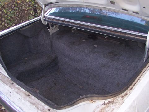 1991 Ford LTD Crown Victoria - The interior of a car's trunk, showing the carpeted storage area and the underside of the trunk lid.