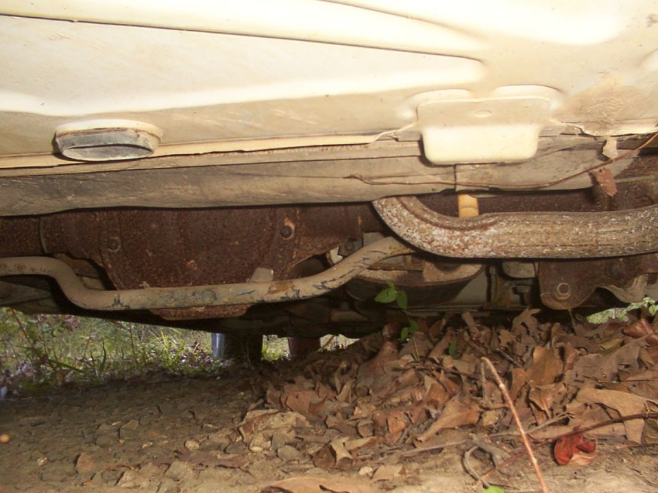 Underside view of a car showing a rusty rear differential and exhaust system, with some leaves on the ground