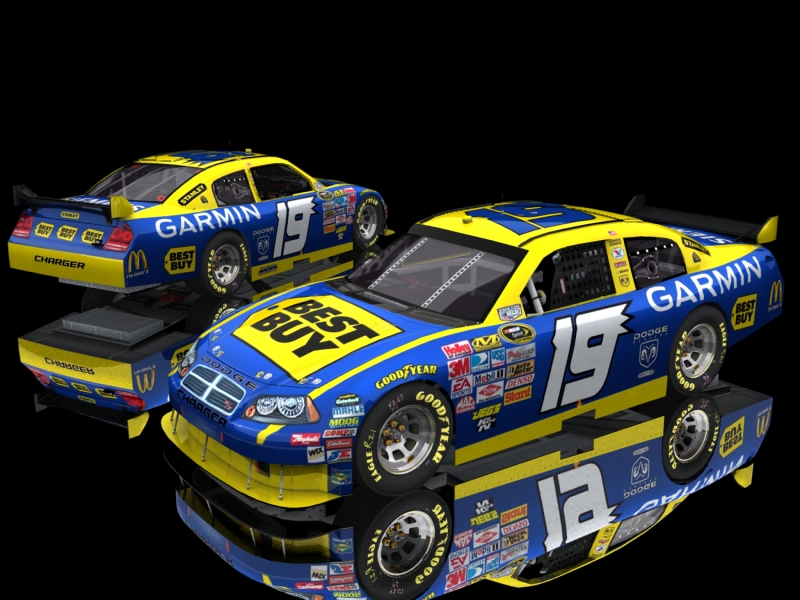 Two Dodge Chargers, one in front of the other, both with blue and yellow Best Buy and Garmin livery and the number 19