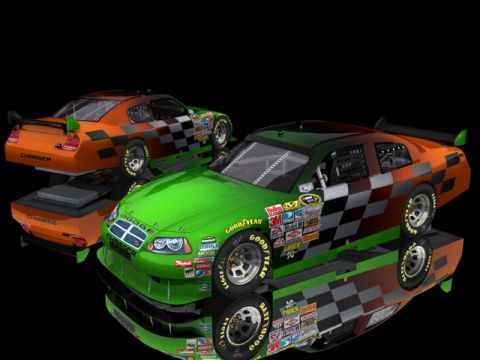 2004 Jeep Wrangler - Two Dodge Charger race cars are displayed with checkered flag livery and numerous sponsor decals.