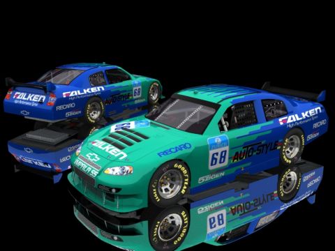 2004 Jeep Wrangler - Two race cars are displayed with their reflections on a black surface.