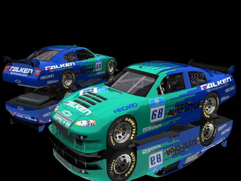 Two race cars, one teal and blue, the other blue, with racing decals and sponsor logos