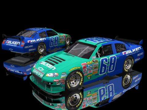2004 Jeep Wrangler - Two race cars, one teal and blue and the other blue, are displayed with their reflections.