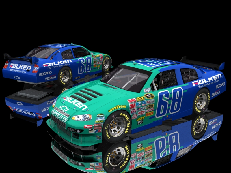 Teal and blue race car with number 68, and a blue race car behind it