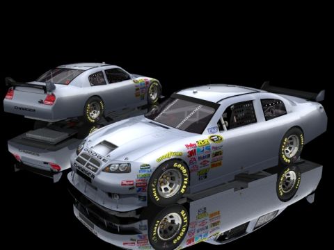 2004 Jeep Wrangler - Two silver Dodge Charger race cars are displayed on a reflective surface against a black background.