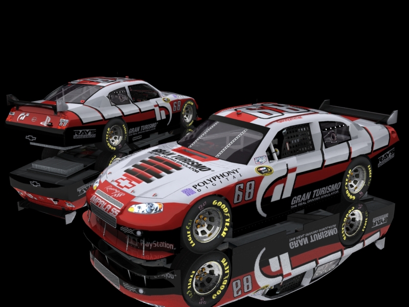 Two race cars with red, white, and black livery, one in the foreground with "Gran Turismo" branding