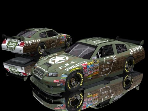 2004 Jeep Wrangler - Two NASCAR race cars are displayed with a military-inspired paint scheme and numerous sponsor decals.